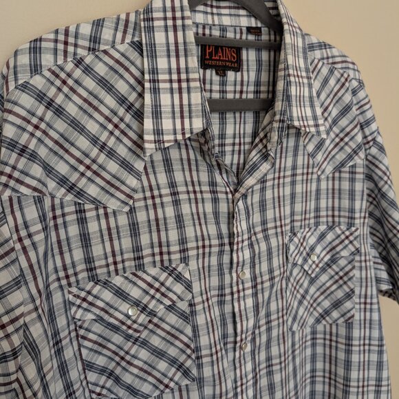 Plains Western Wear Pearl Snap front shirt blue white red plaid XL EUC - Picture 2 of 10